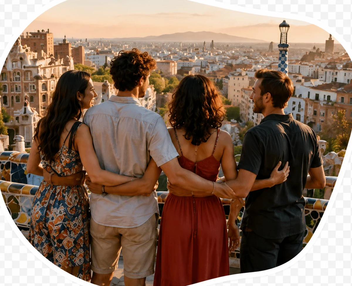 Friends enjoying a local hangout overlooking Barcelona, Spain