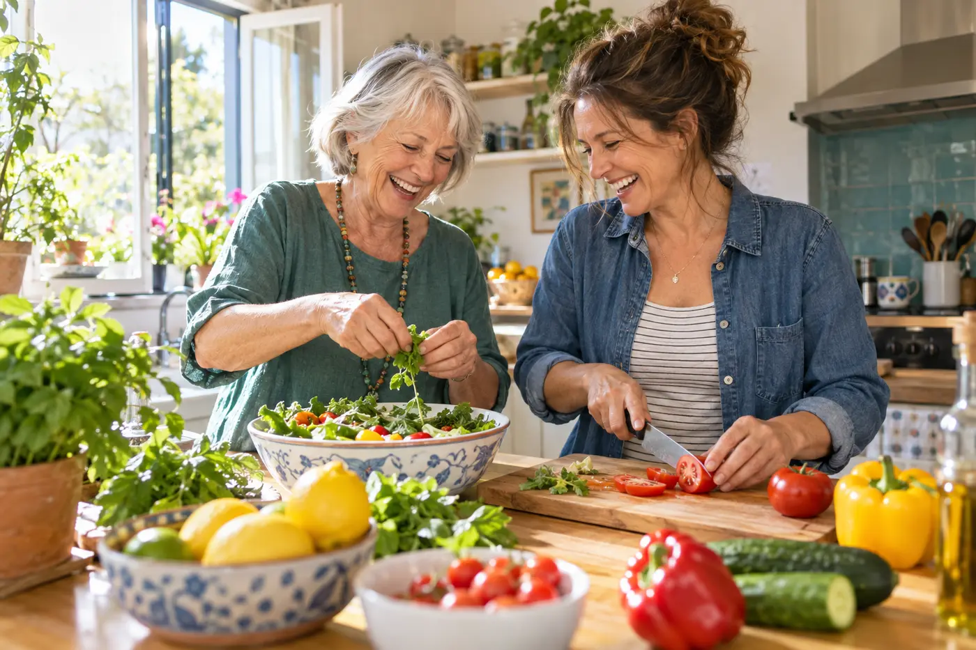 An older adult and her Companion laughing while preparing a colourful meal together