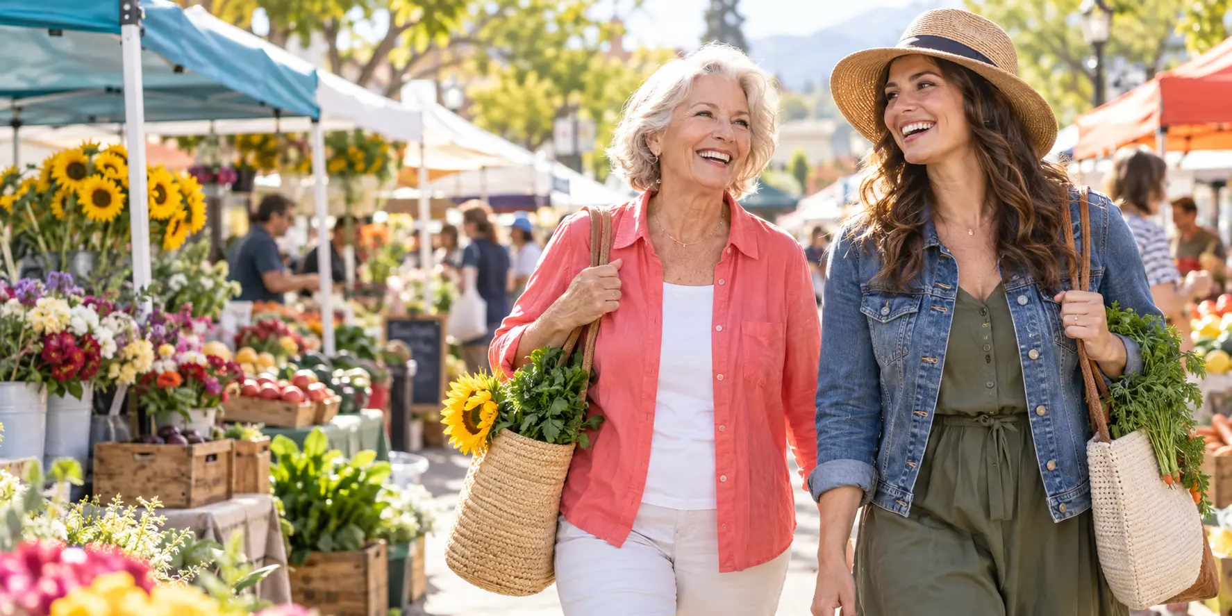 An older adult and her Companion laughing together at a colourful outdoor market